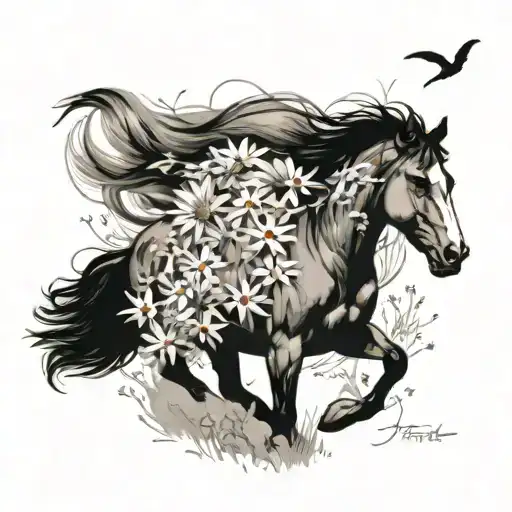Wild horse galloping through wildflowers with indian feathers in it's mane tattoo design idea