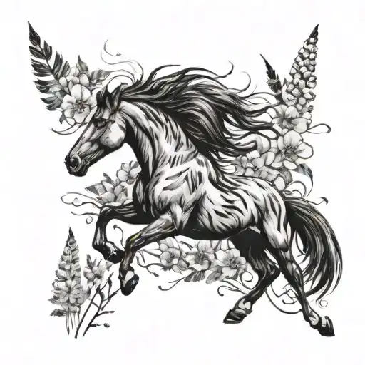 Wild horse galloping through wildflowers with indian feathers in it's mane tattoo design idea