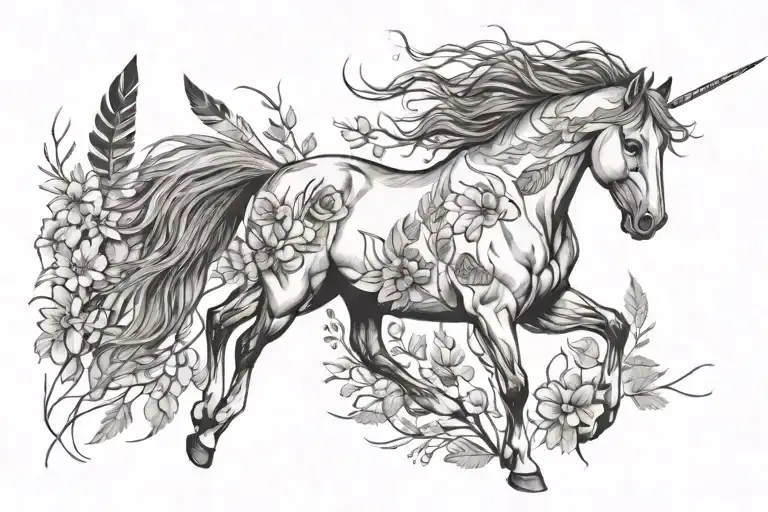 wild horse galloping through wildflowers with indian feathers in its mane tattoo design idea