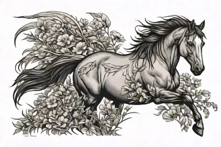 wild horse galloping through wildflowers with indian feathers tattoo design idea