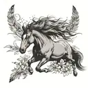 Wild horse galloping through wildflowers with indian feathers in it's mane tattoo design idea
