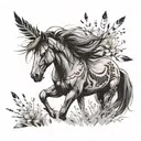 Wild horse galloping through wildflowers with indian feathers in it's mane tattoo design idea