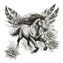 Wild horse galloping through wildflowers with indian feathers in it's mane tattoo design idea