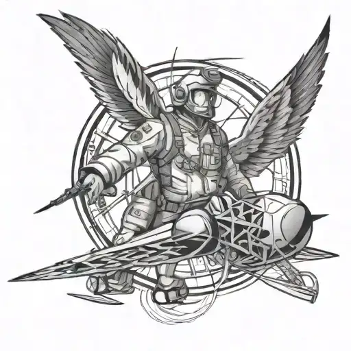 Create a tattoo of a pilot harnessing the power of thunder and lightning in a black and grey style tattoo design idea