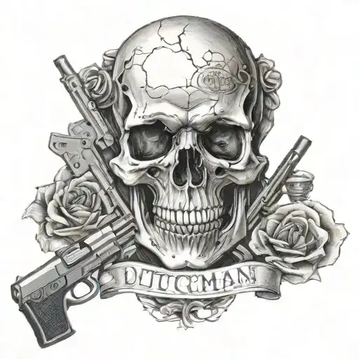 skull and the text dutchman with guns n roses tattoo design idea