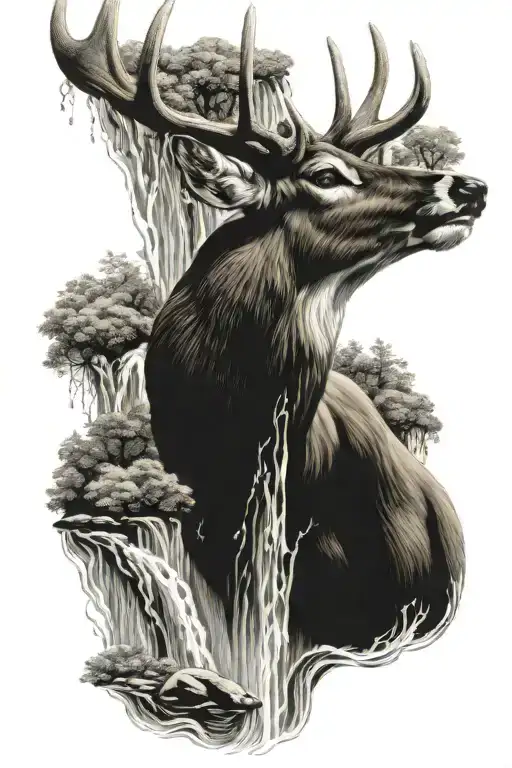 whitetail deer in waterfall cascading tattoo design idea