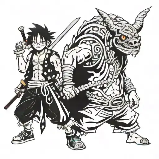 Demon Slayer and Luffy from one piece featuring tattoo design idea