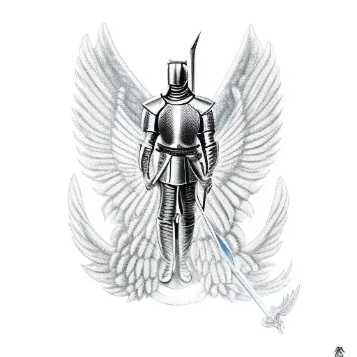 knight male angel with fire for wings and sword tattoo design idea