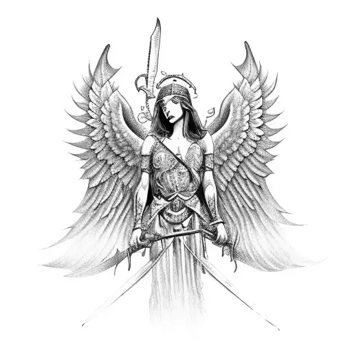warrior angel with fire for wings and sword tattoo design idea