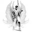 warrior male angel with fire for wings and sword tattoo design idea