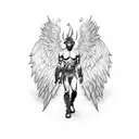warrior male angel with fire for wings and sword tattoo design idea