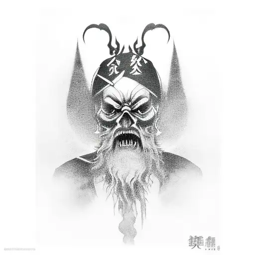 A black and grey tattoo of a ghostly figure from the game Ghost of Tsushima holding a banana tattoo design idea