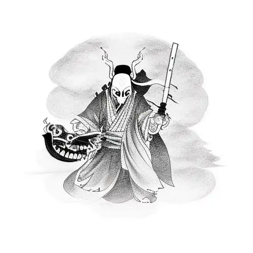 A black and grey tattoo of a ghostly figure from the game Ghost of Tsushima holding a banana tattoo design idea