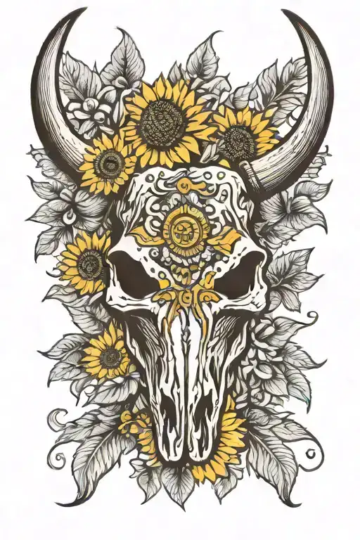 Longhorn bull skull with sunflowers tattoo design idea