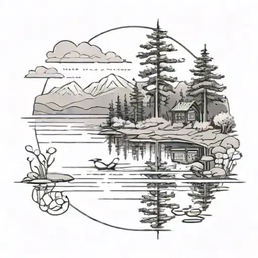 A serene tattoo design featuring a tranquil lake scene with subtle references to the client's favorite things tattoo design idea