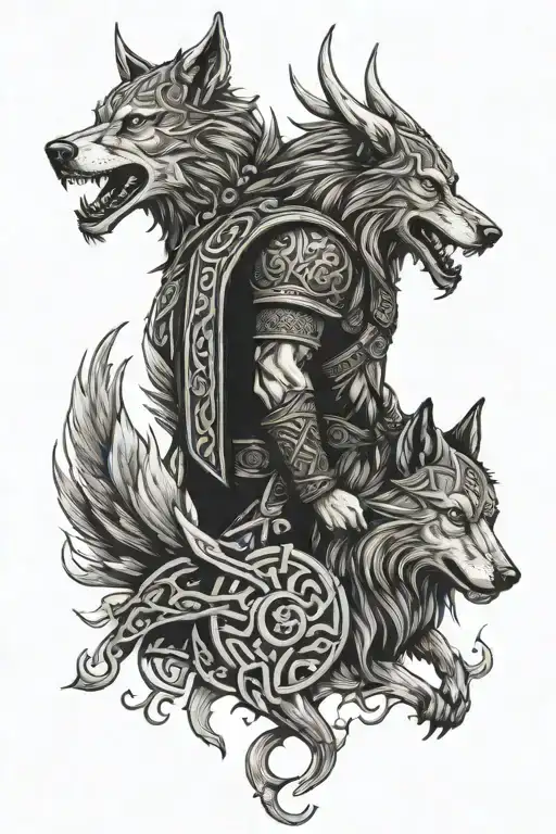 viking with fenrir viking norse wolf tattoo design idea