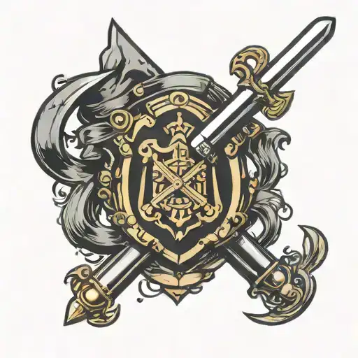 coat of arms with RPG dice on top of a crossed sword and light saber tattoo design idea