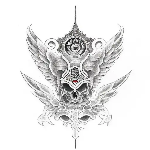 wings, shield, ace of spades, DSLR len tattoo design idea