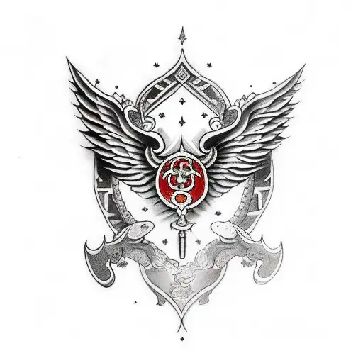 wings, shield, ace of spades, DSLR len tattoo design idea