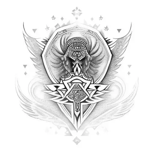 wings, shield, ace of spades, DSLR len tattoo design idea
