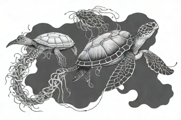sea turtle, jellyfish floating, hammerhead shark, whale tattoo design idea