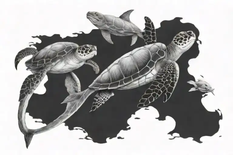 sea turtle, jellyfish floating, hammerhead shark, whale tattoo design idea