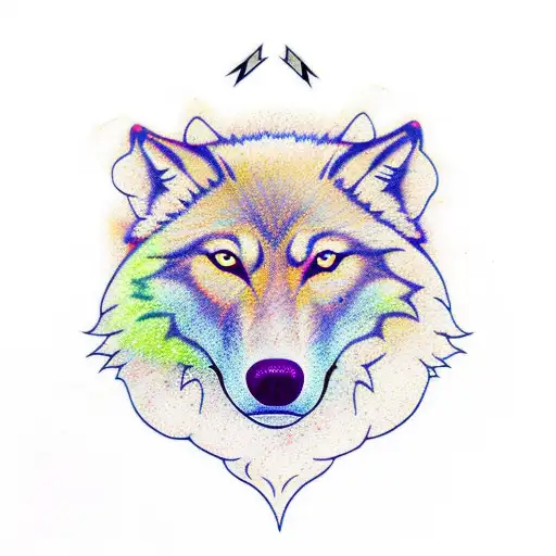 fall leaf with wolf outline colored in with Aurora borealis and arrows behind all of it tattoo design idea