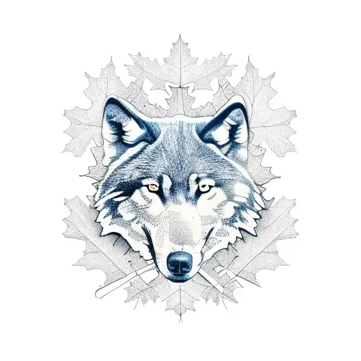 sugar maple leaf in autumn with wolf outline in the middle in arrows in the background tattoo design idea