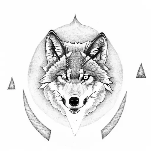 sugar maple leaf with outline of wolf howling at Moon colored in with aurora borealis with arrows behind all of it tattoo design idea