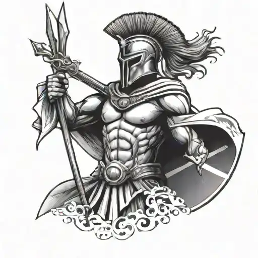 A Spartan soldier holding the Greek flag as a cape tattoo design idea