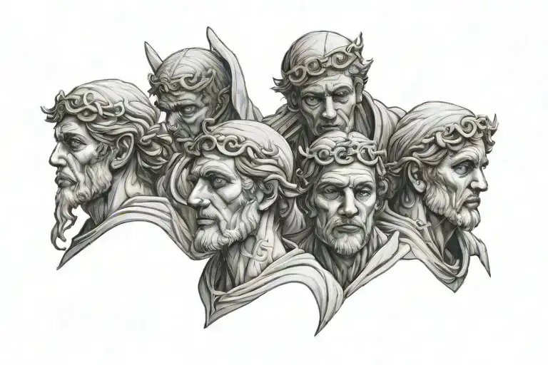 three male marble angels with blind folds over eyes full neck tattoo tattoo design idea