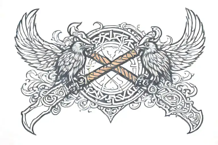 viking axes crossing over eachother,odins ravens flying tattoo design idea