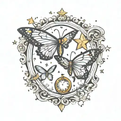 butteflies with stars and fairy dust with heart shaped locket tattoo design idea