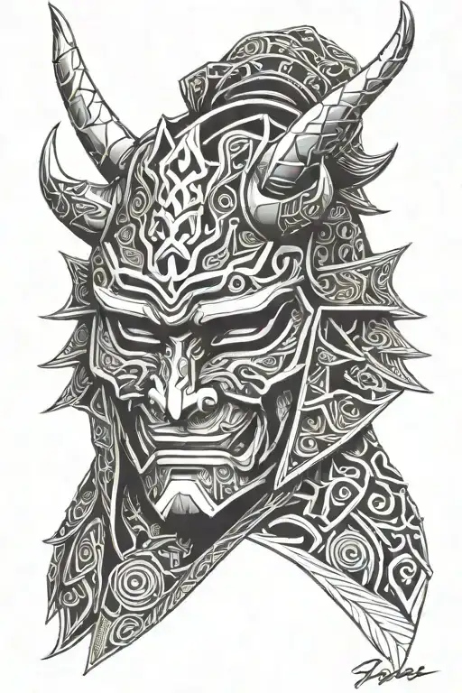 fierce Oni mask combined with a samurai helmet. Use intricate patterns to create a bold, protective look tattoo design idea
