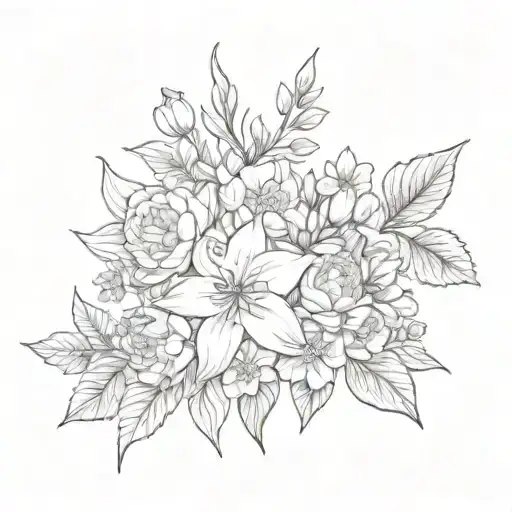 a flower buquet with narcissus, holly, peonies, chrysanthemum, daffodils and cherry blossom in fine lines tattoo design idea