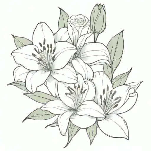 lily and rose in a bouquet fine line tattoo design idea