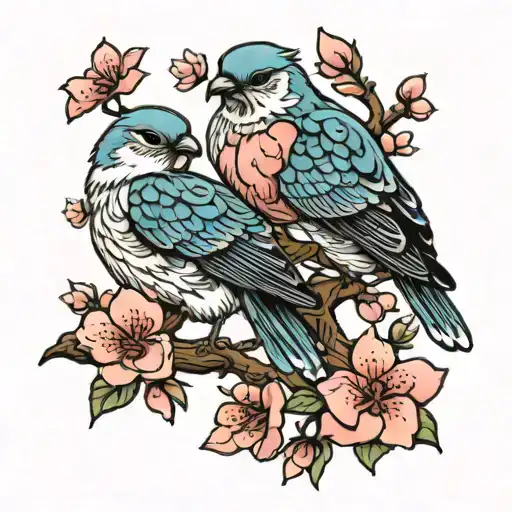 three birds on a Japanese cherry blossom branch tattoo design idea