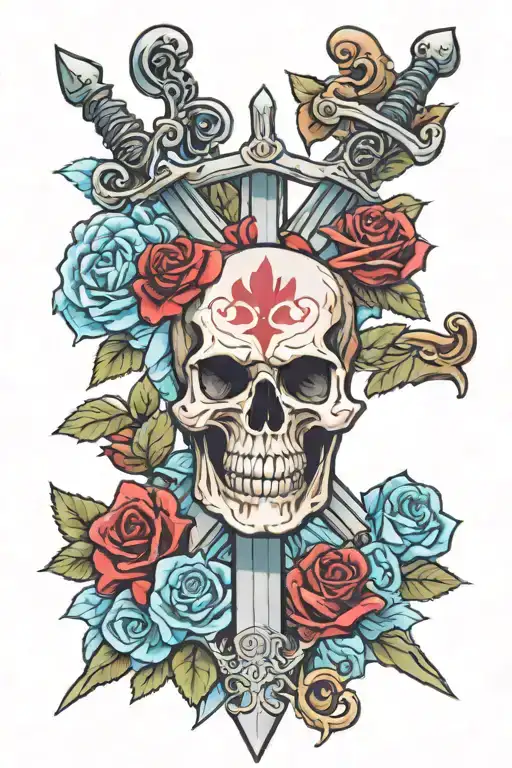 Iron swords stand crossed, in the middle there is a skull with several roses in colors of red, light blue and white  tattoo design idea