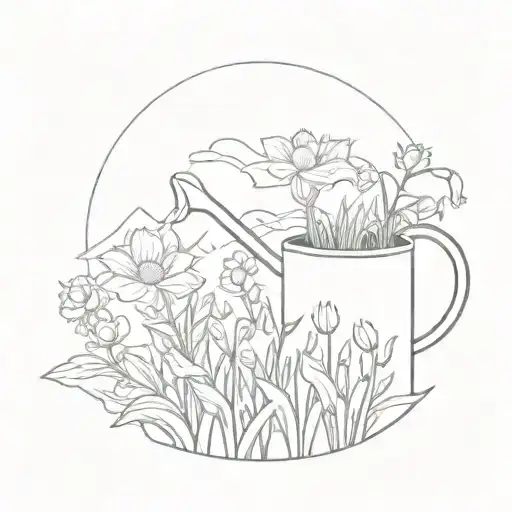 flowers growing in a valley with a watering can watering the flowers from above  tattoo design idea