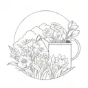 flowers growing in a valley with a watering can watering the flowers from above  tattoo design idea