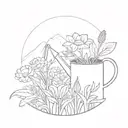 flowers growing in a valley with a watering can watering the flowers from above  tattoo design idea