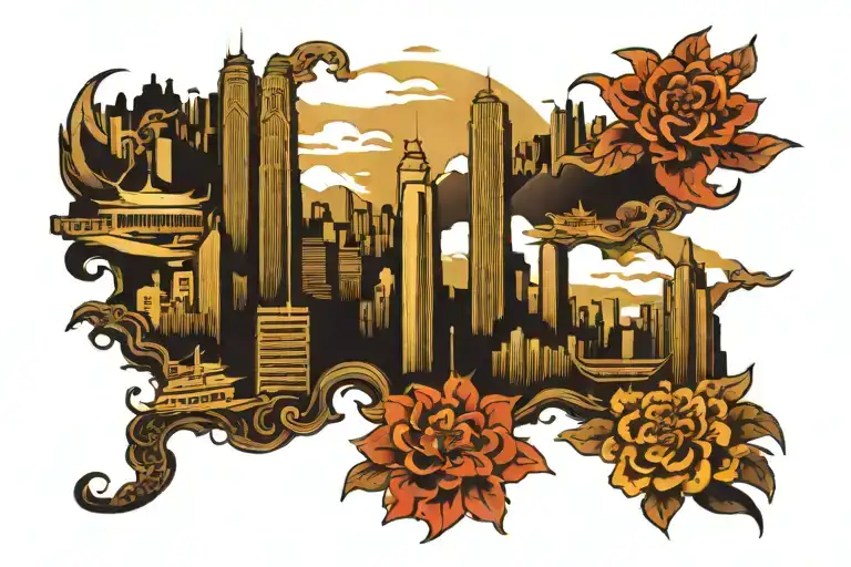 Hong Kong cityscape in the background tattoo design idea