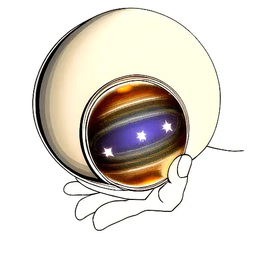 saturn as it is held by a hand and in the background many stars and the solar system  tattoo design idea