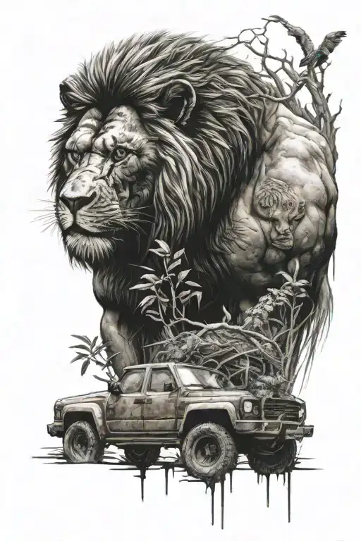 A car transformed into a lion and gorilla hybrid creature roaming through the wilderness tattoo design idea