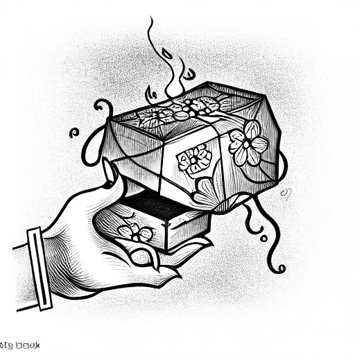 Pandora's Box opening with hands holding it and smoke coming out of the box tattoo design idea