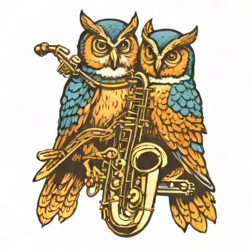 owls playing saxophone   tattoo design idea