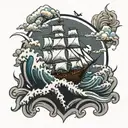 waves, Christian, ship with sails, ocean tattoo design idea