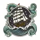 waves, Christian, ship with sails, ocean tattoo design idea