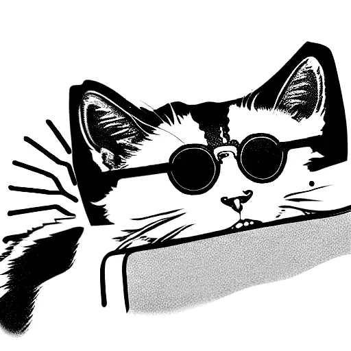 A cartoon style cat wearing sunglasses, smiling on a retrowave style beach, in color tattoo design idea