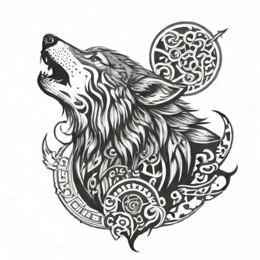 A wolf howling at the moon with tribal patterns integrated into its fur, combining the client's love for animals and tribals tattoo design idea